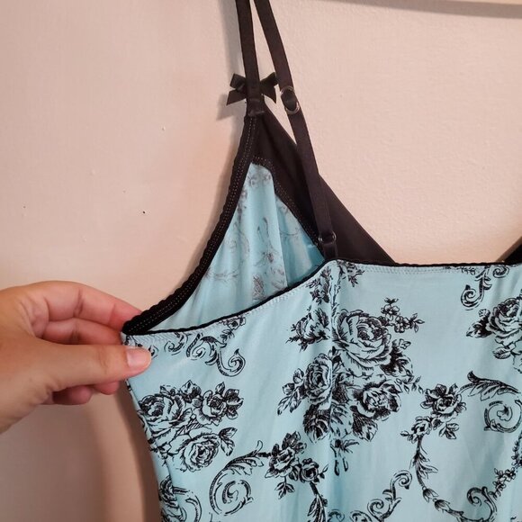 Linea Donatella Black Blue Floral Slip Night Gown V-neck Ruffled Hem Large - Picture 8 of 16